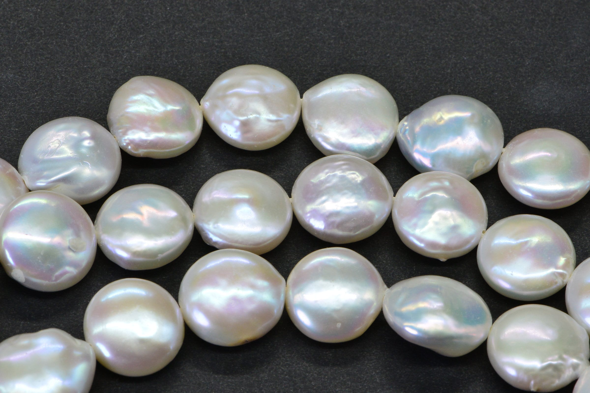 13mm White Coin Pearl Strand: Iridescent Freshwater Beads