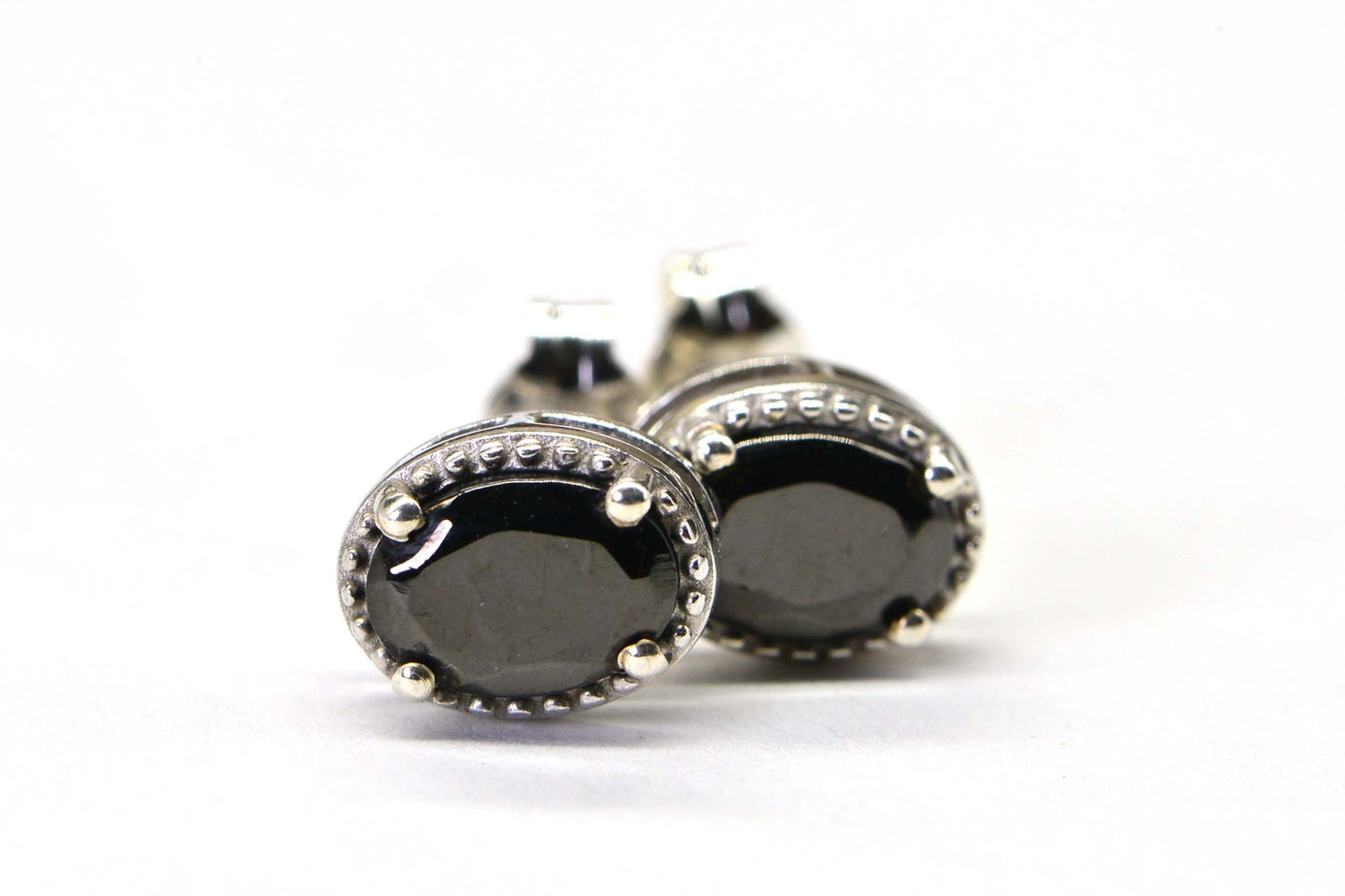 Black Spinel Oval Stud Earrings Rhodium Over Sterling Silver Birthstone August