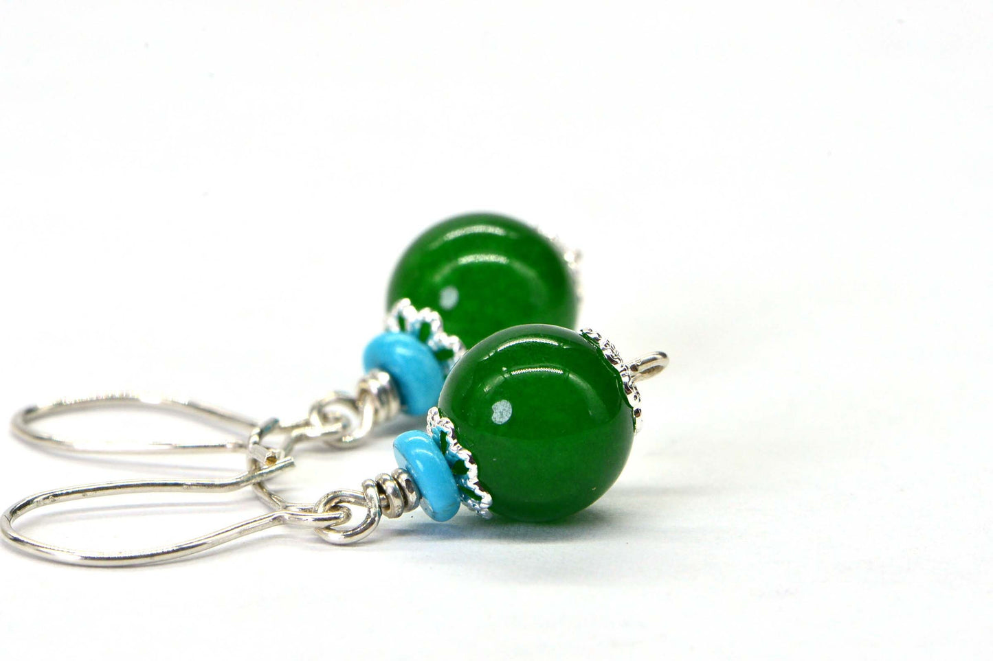 Green Jade Turquoise Sleeping Beauty Round Dangle Earrings Sterling silver