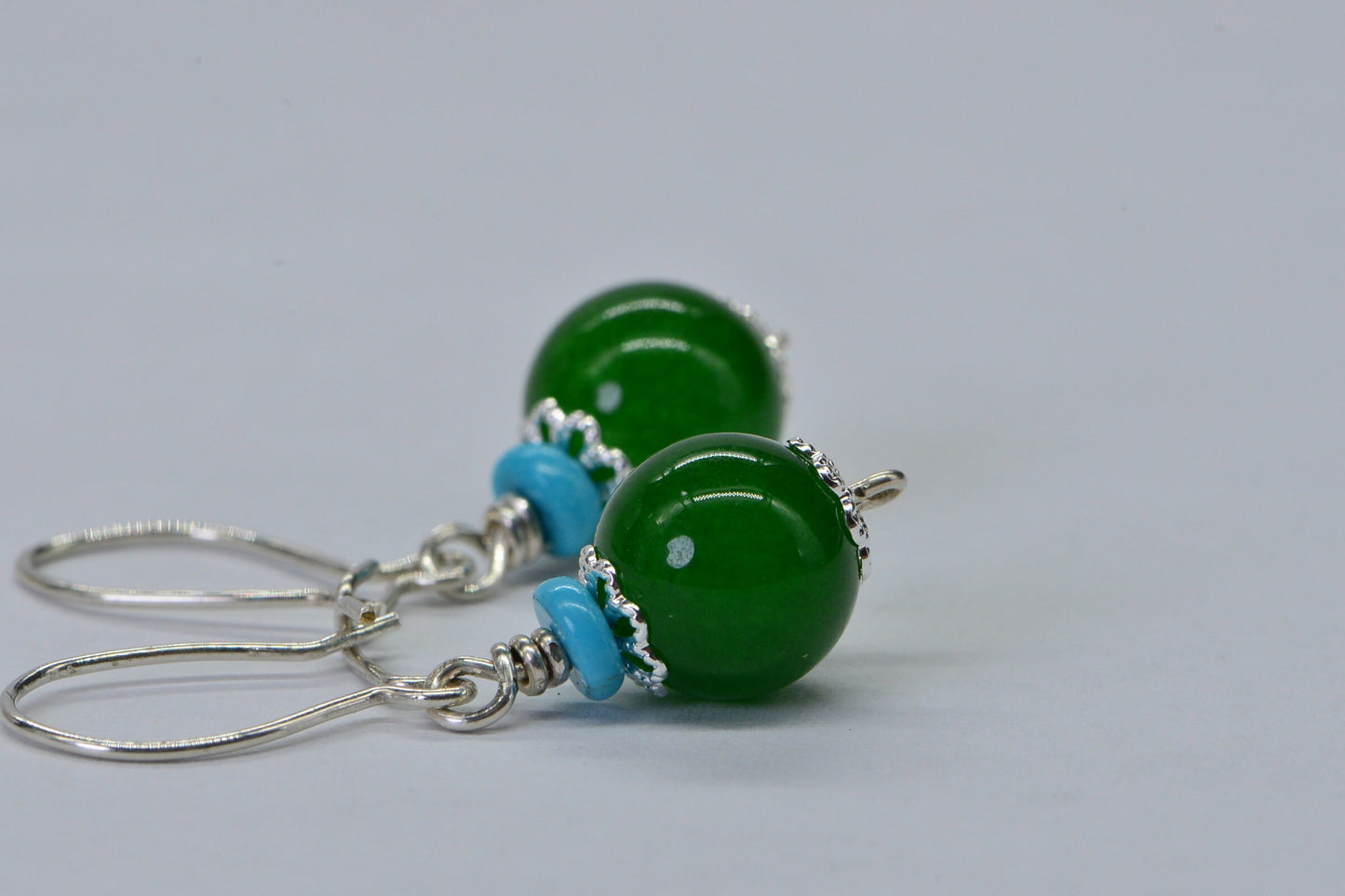 Green Jade Turquoise Sleeping Beauty Round Dangle Earrings Sterling silver