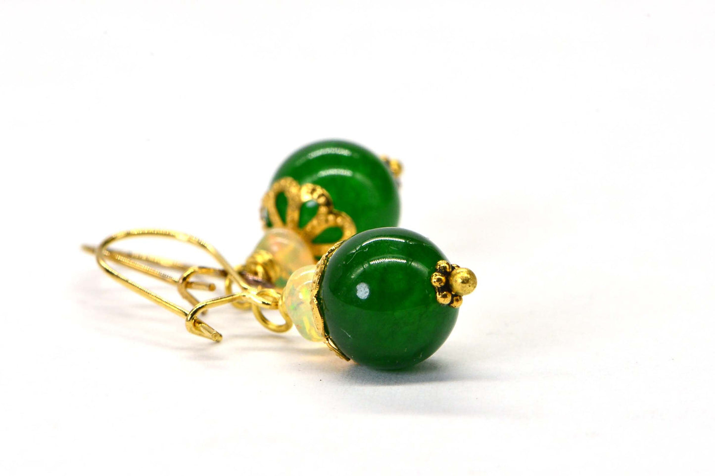 Green Jade and Opal Rondelle  Round Dangle Earrings 14K yellow Gold Plated