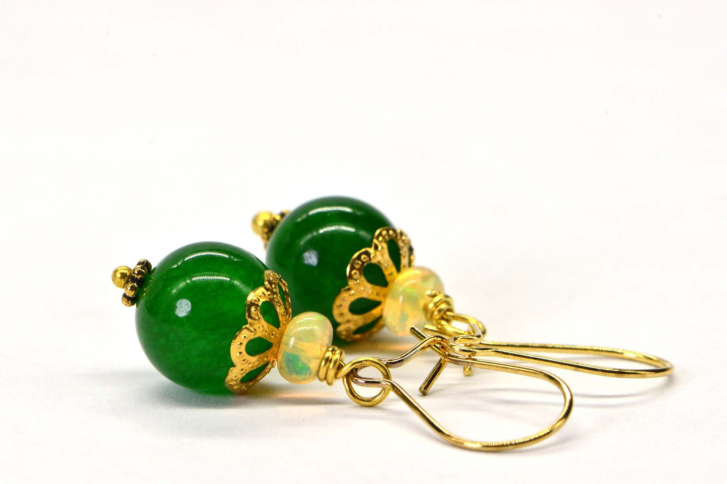 Green Jade and Opal Rondelle  Round Dangle Earrings 14K yellow Gold Plated