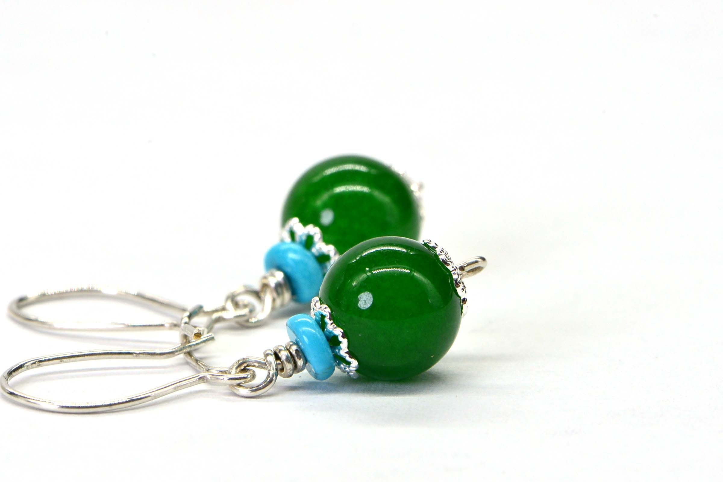 Sterling Silver Jade Earrings: Turquoise Accent Dangle Earrings