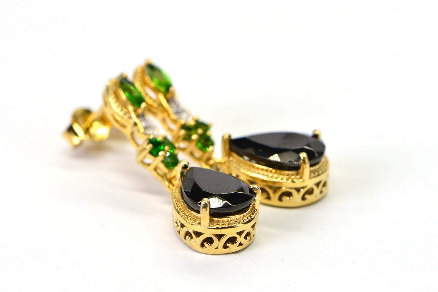 Black Spinel & Chrome Diopside Teardrop Earrings, 18k Gold over Sterling Silver