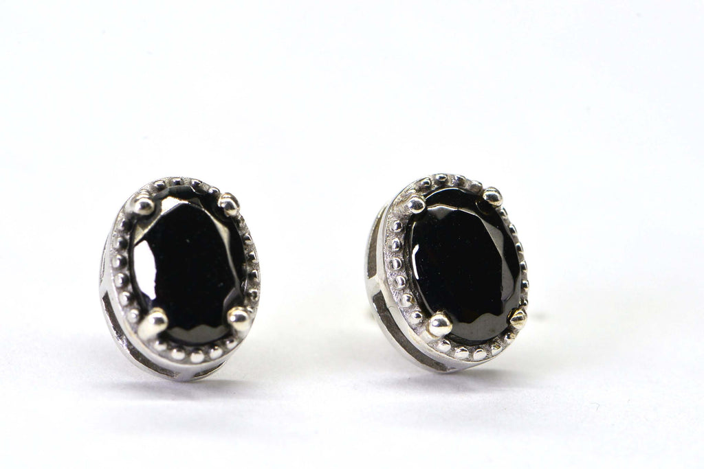 Oval Black Spinel  Stud Earrings Rhodium Over Sterling Silver Medium Size Post Earrings