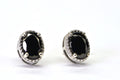 Oval Black Spinel  Stud Earrings Rhodium Over Sterling Silver Medium Size Post Earrings