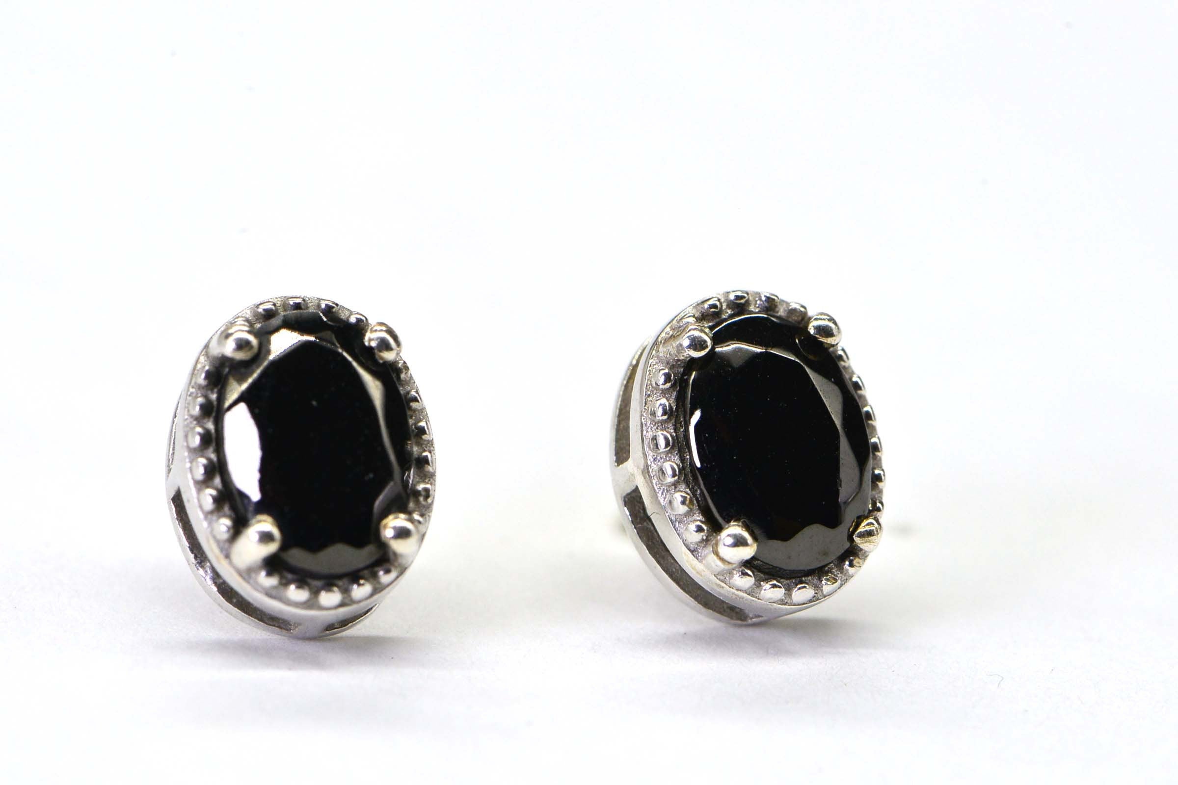 Oval Black Spinel  Stud Earrings Rhodium Over Sterling Silver Medium Size Post Earrings