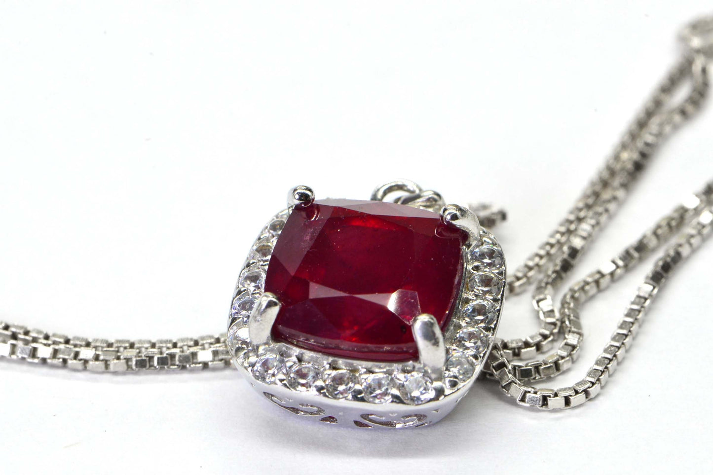 Genuine Ruby Cushion Pendant Halo Diamond Accent  Sterling Silver Necklace  Birthstone July