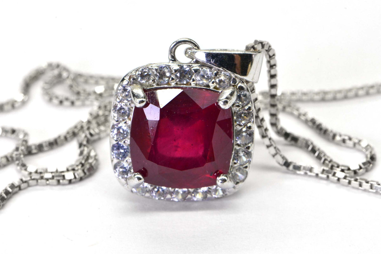 Genuine Ruby Cushion Pendant Halo Diamond Accent  Sterling Silver Necklace  Birthstone July