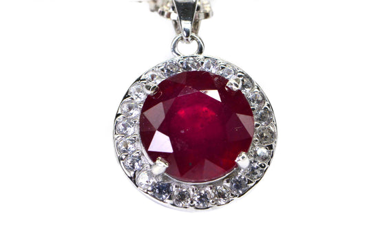Natural Ruby Sterling Silver Halo Pendant Necklace: July Birthstone