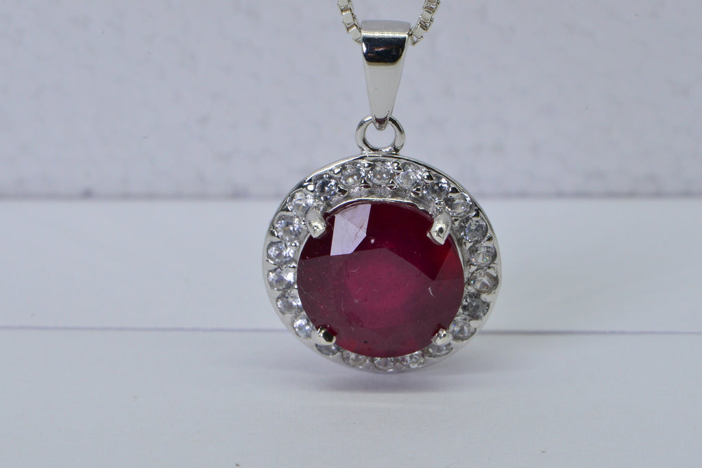 Natural Ruby Sterling Silver Halo Pendant Necklace: July Birthstone