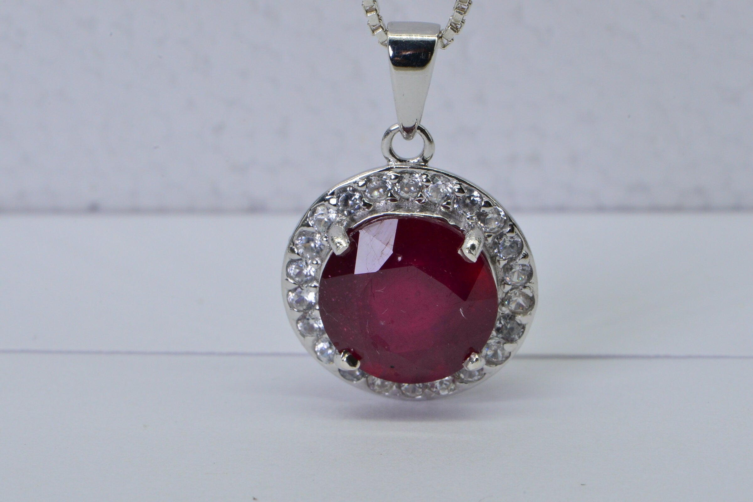 Natural Ruby Sterling Silver Halo Pendant Necklace: July Birthstone