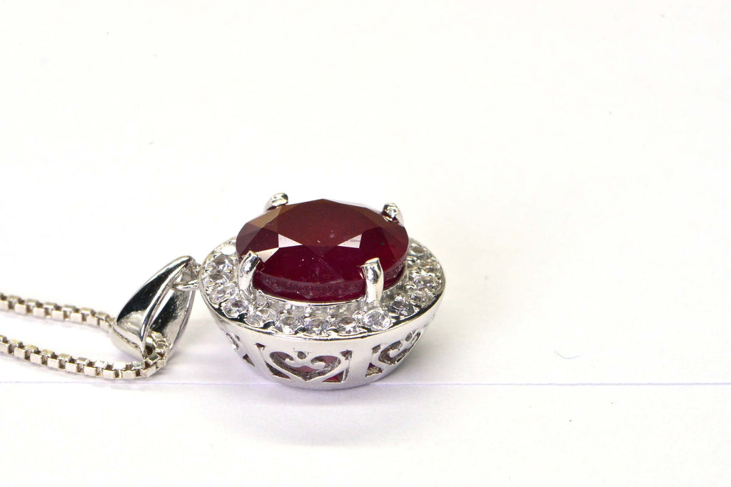 Natural Ruby Sterling Silver Halo Pendant Necklace: July Birthstone