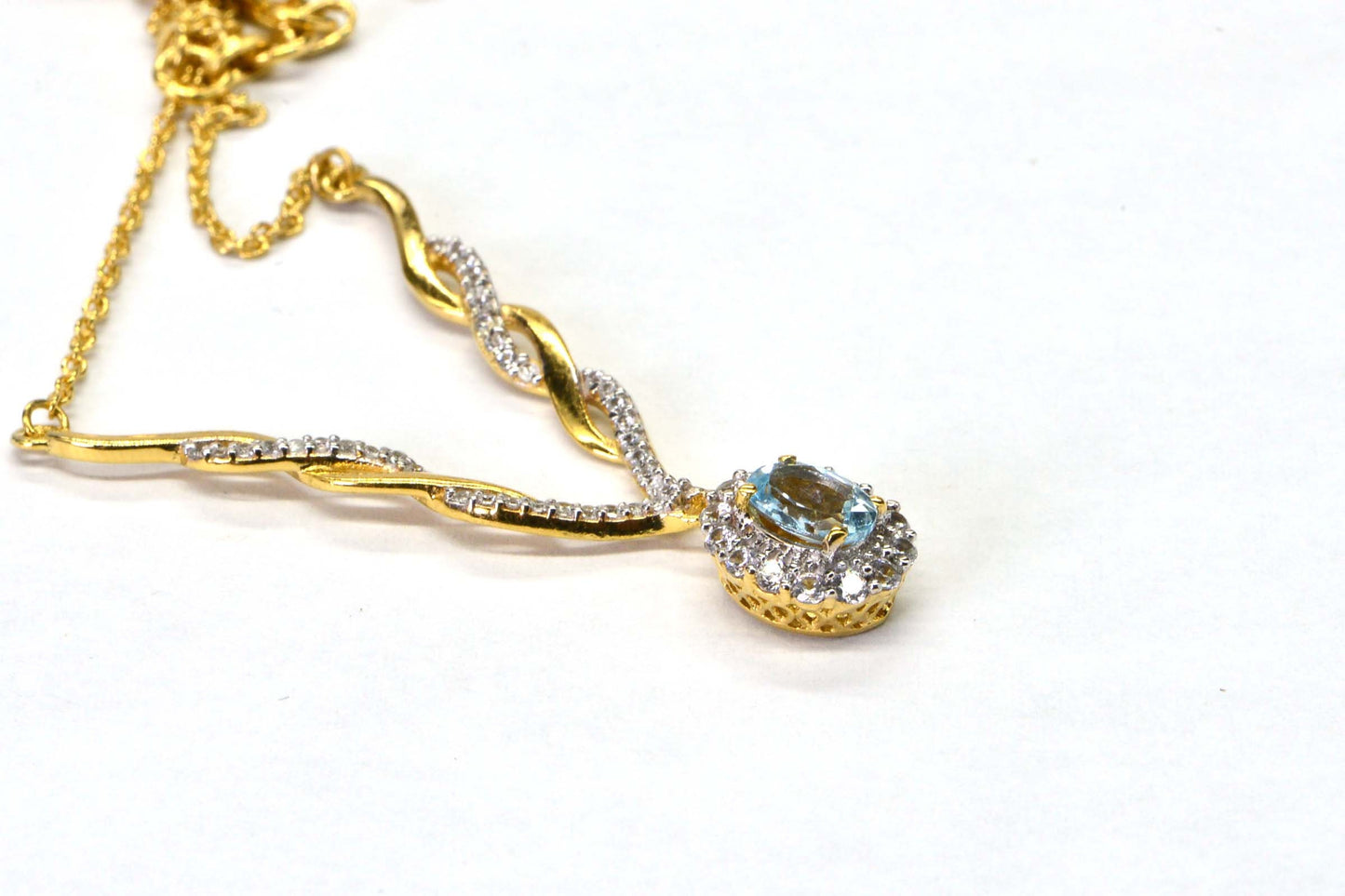 Aquamarine Lariat Necklace, 14k Yellow Gold Halo, Zircon Accent
