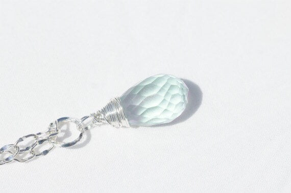 Green Amethyst Sterling Silver Pendant: Wire Wrapped Teardrop Gemstone