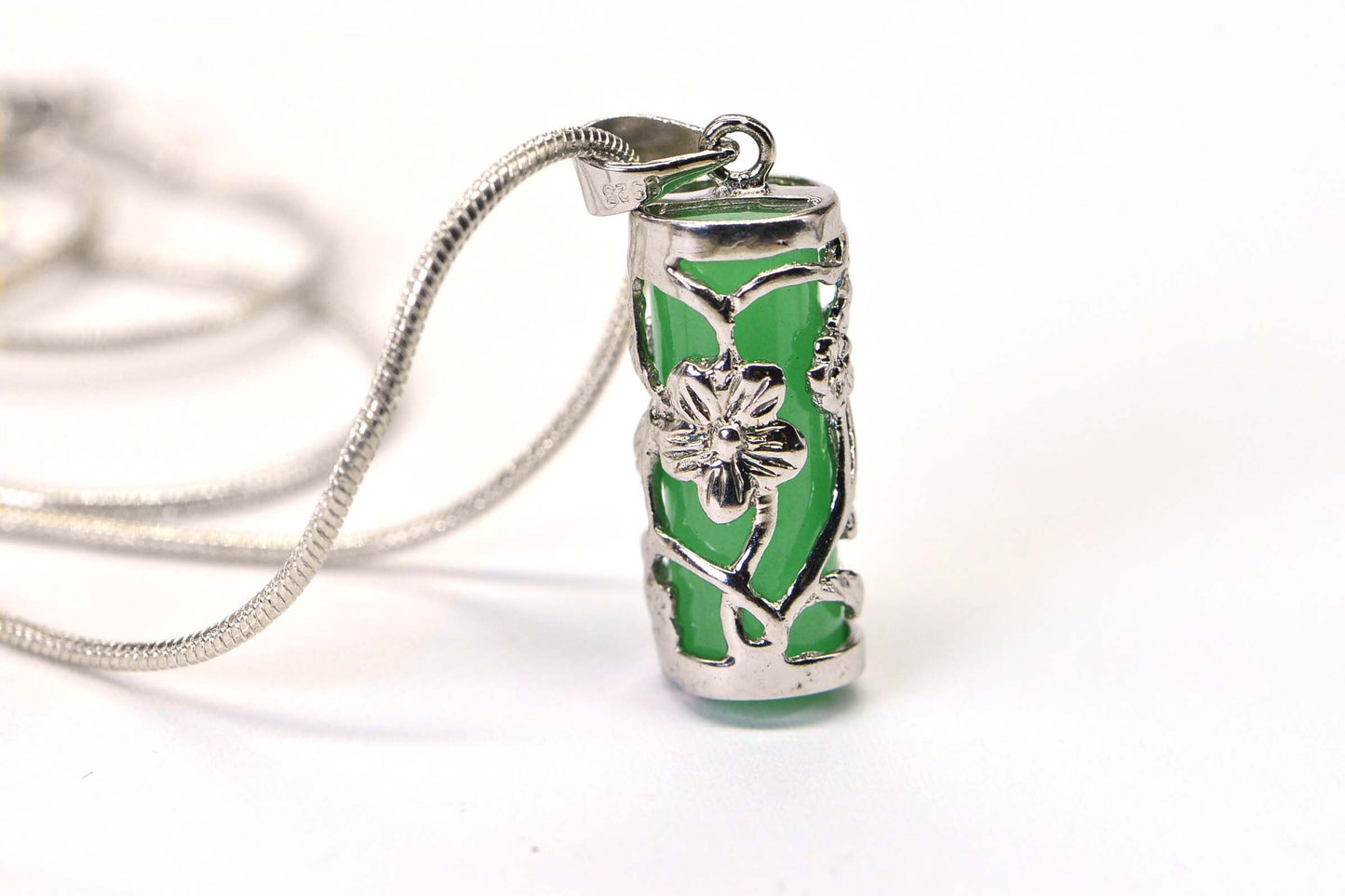 Apple Green Jade Pendant, Sterling Silver Flower Filigree, Birthstone Necklace