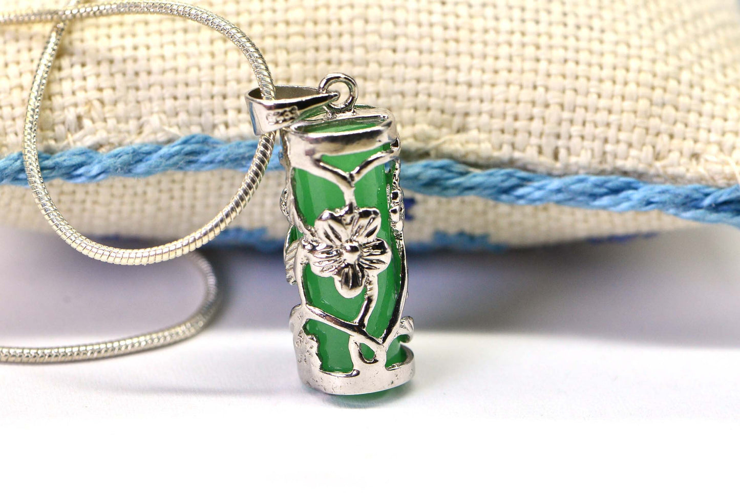 Apple Green Jade Pendant, Sterling Silver Flower Filigree, Birthstone Necklace