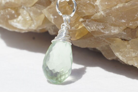 Green Amethyst Sterling Silver Pendant: Wire Wrapped Teardrop Gemstone