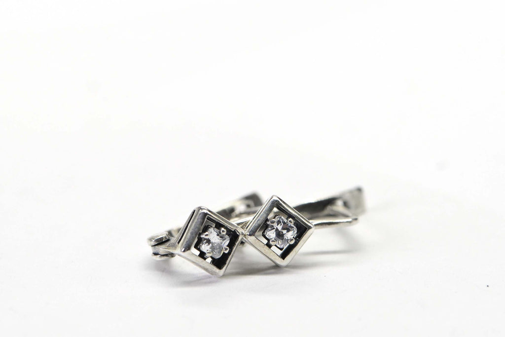 Vintage 1990 Sterling Silver Princes Cut Diamond  Hinge Back Diamond Style Earrings