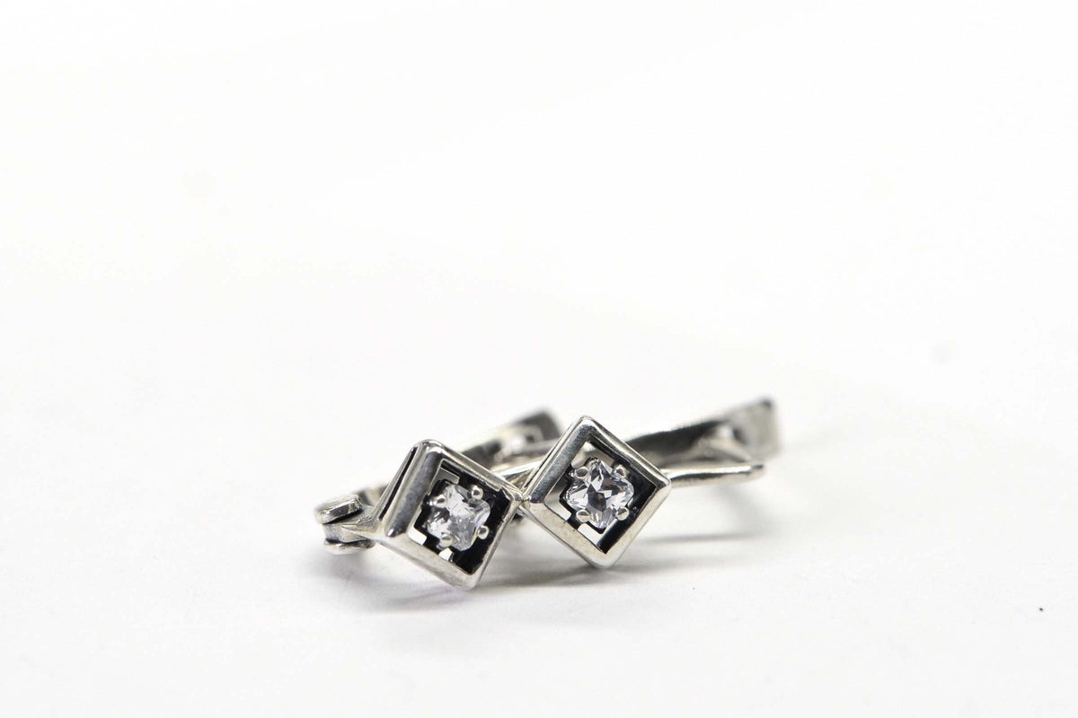 Vintage 1990 Sterling Silver Princes Cut Diamond  Hinge Back Diamond Style Earrings