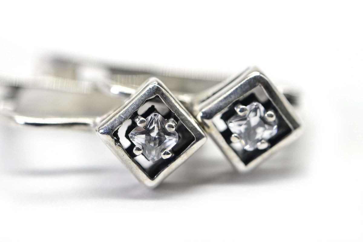 Vintage 1990 Sterling Silver Princes Cut Diamond  Hinge Back Diamond Style Earrings