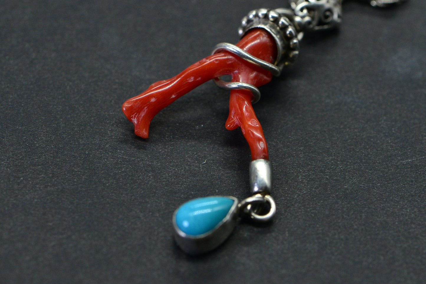 Red Coral Branch Pendant Necklace: Sleeping Beauty Turquoise, Sterling Silver Chain