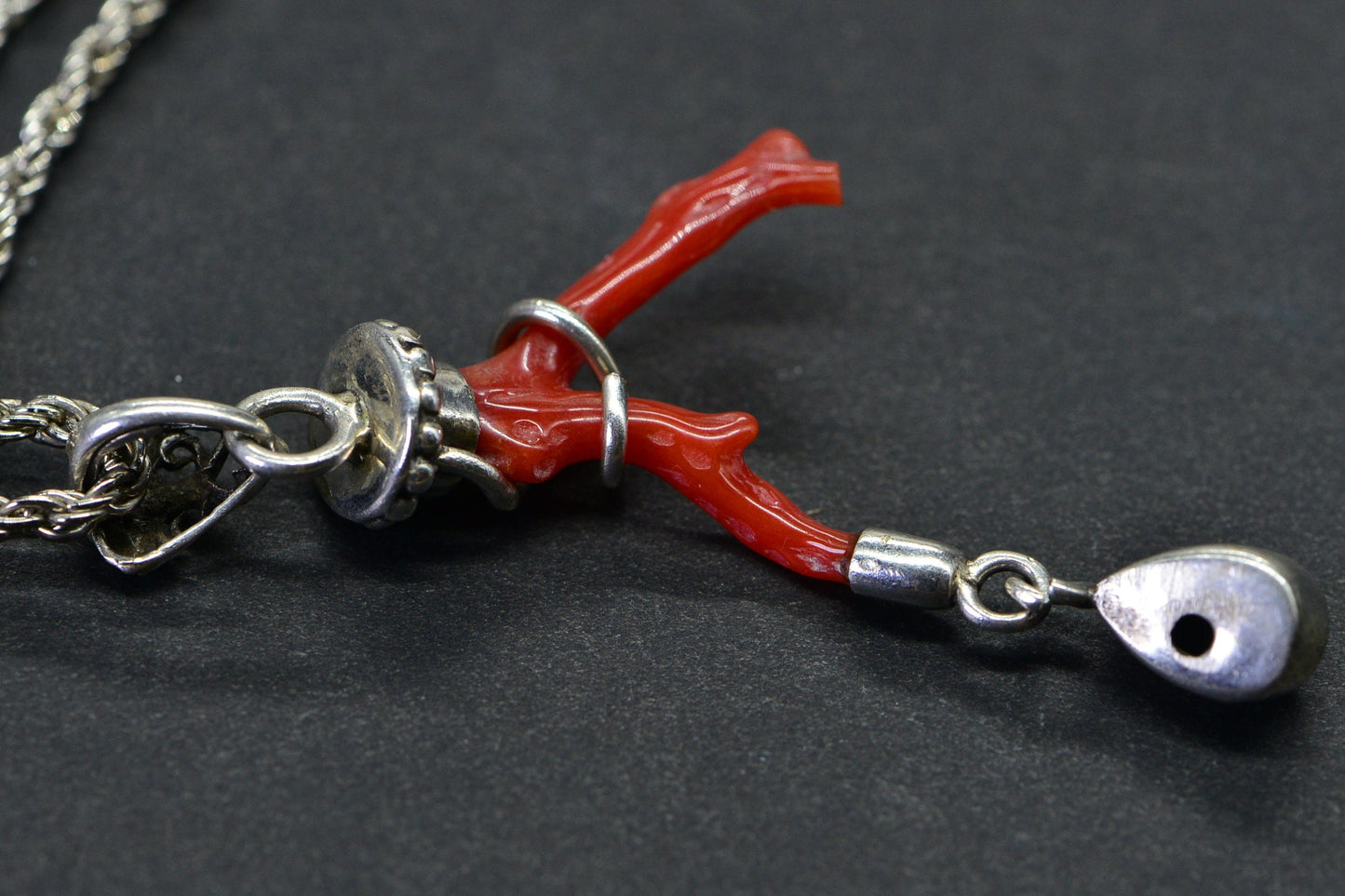Red Coral Branch Pendant Necklace: Sleeping Beauty Turquoise, Sterling Silver Chain