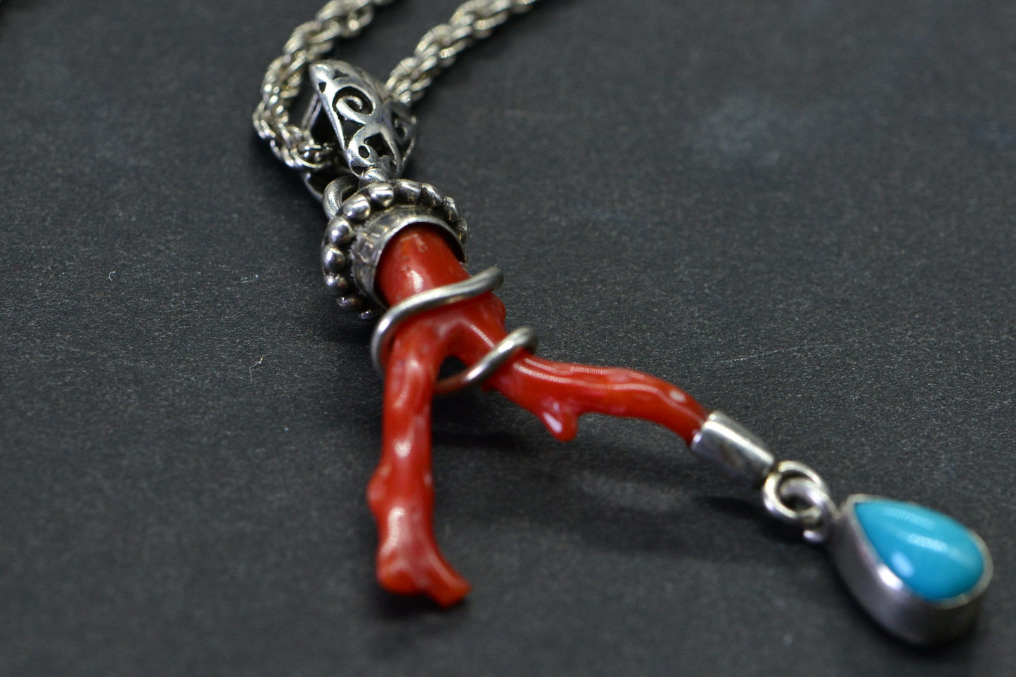 Red Coral Branch Pendant Necklace: Sleeping Beauty Turquoise, Sterling Silver Chain