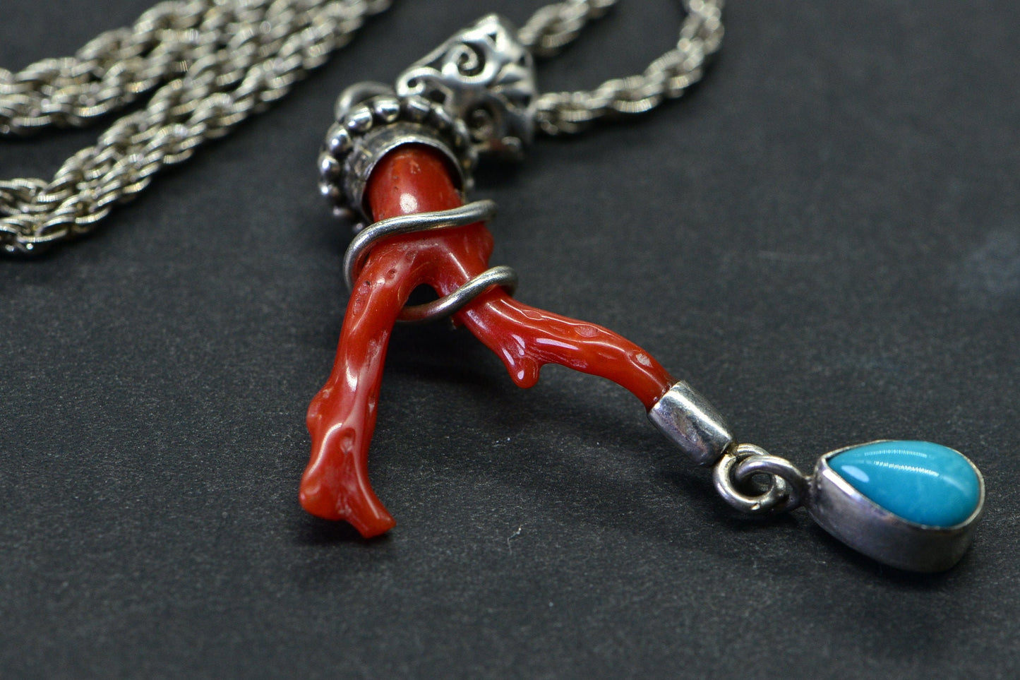 Red Coral Branch Pendant Necklace: Sleeping Beauty Turquoise, Sterling Silver Chain
