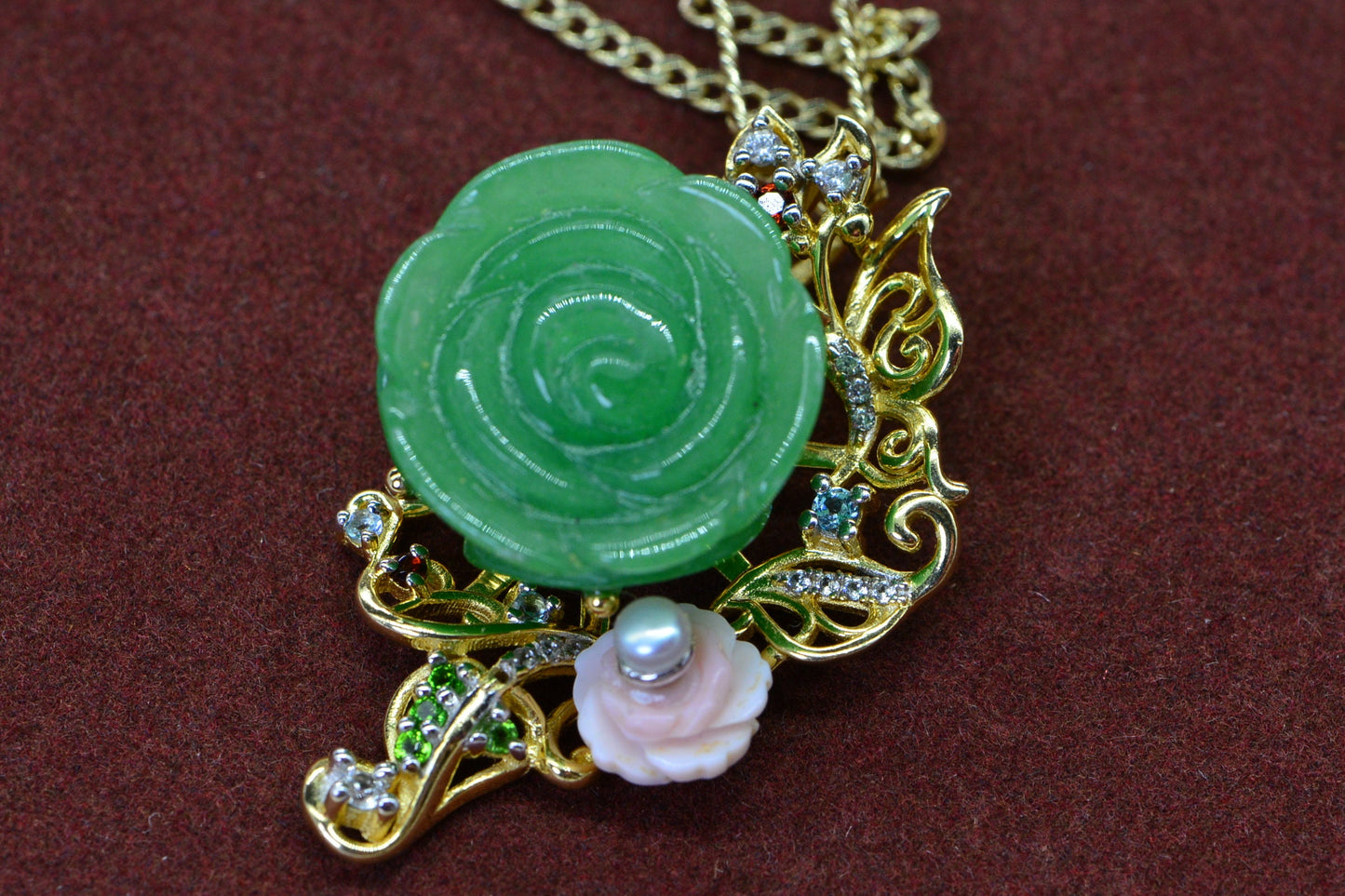 Green Jade Carved Rose Pendant, 14K Gold Over Sterling Silver