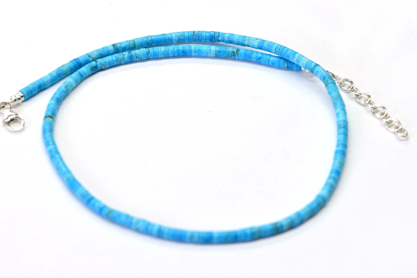 Sleeping Beauty Turquoise Heishi Necklace, Sterling Silver Clasp