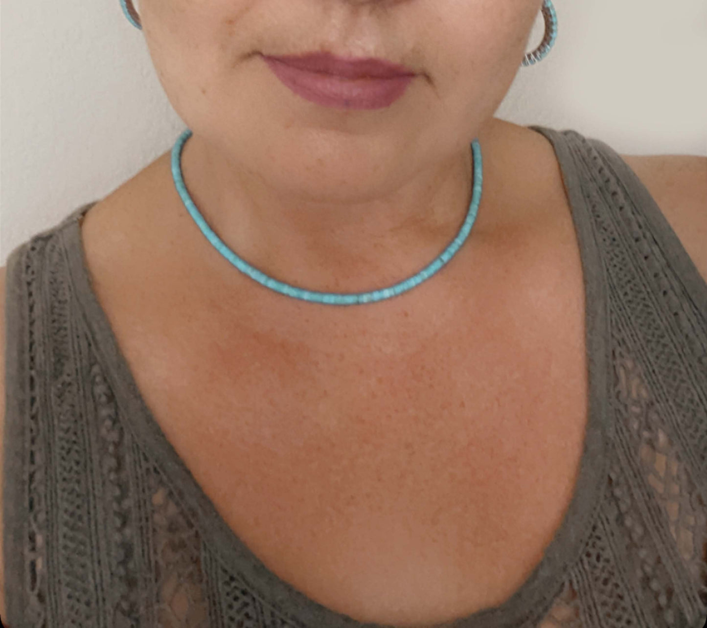 Sleeping Beauty Turquoise Choker: Sterling Silver Heishi Bead Necklace