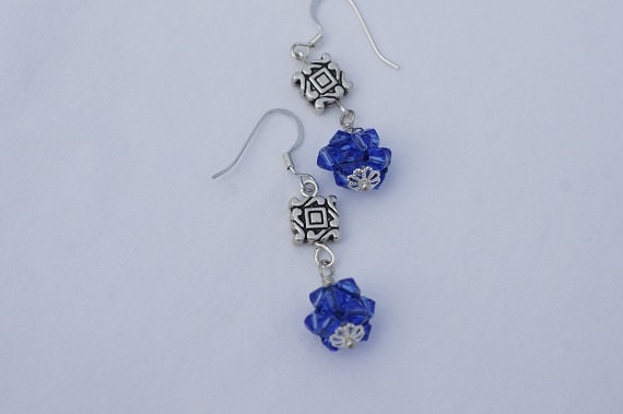 Blue Crystal Cluster Necklace, Silver Plated Beaded Necklace, 20 Inch