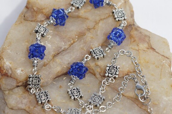 Blue Crystal Cluster Necklace, Silver Plated Beaded Necklace, 20 Inch