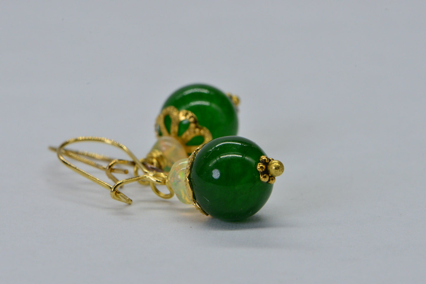 Green Jade and Opal Rondelle  Round Dangle Earrings 14K yellow Gold Plated