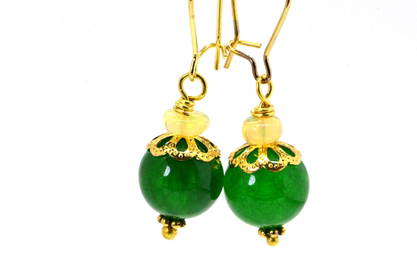 Green Jade and Opal Rondelle  Round Dangle Earrings 14K yellow Gold Plated