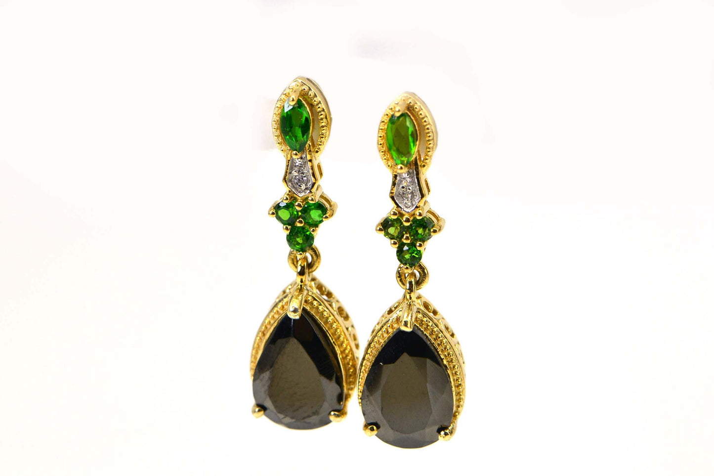Black Spinel & Chrome Diopside Teardrop Earrings, 18k Gold over Sterling Silver