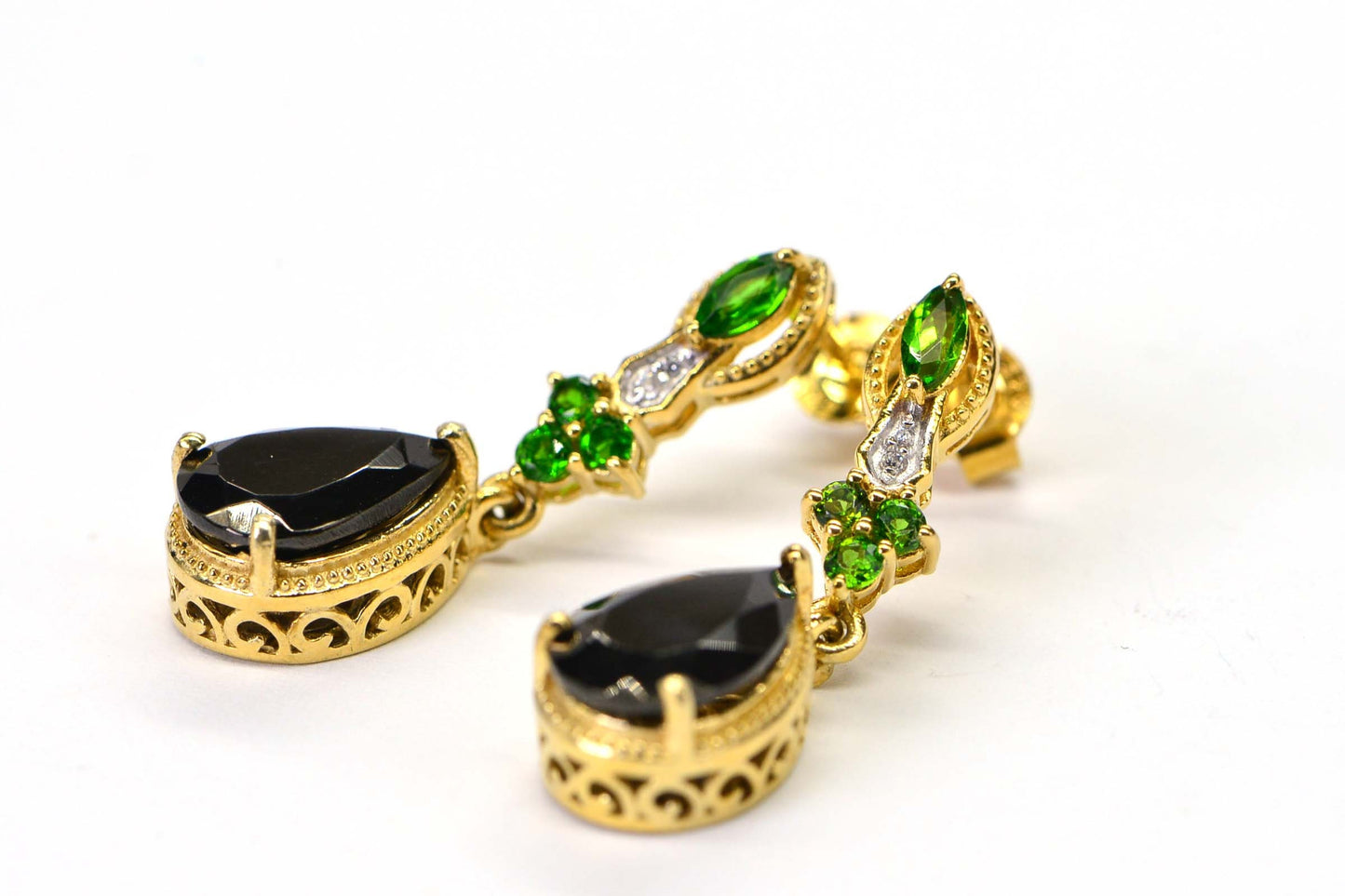 Black Spinel & Chrome Diopside Teardrop Earrings, 18k Gold over Sterling Silver