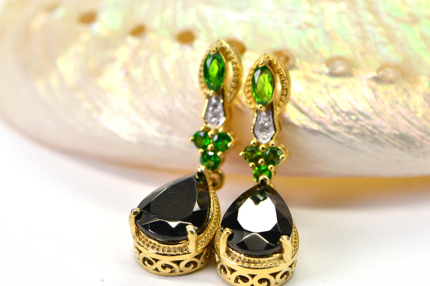 Black Spinel & Chrome Diopside Teardrop Earrings, 18k Gold over Sterling Silver
