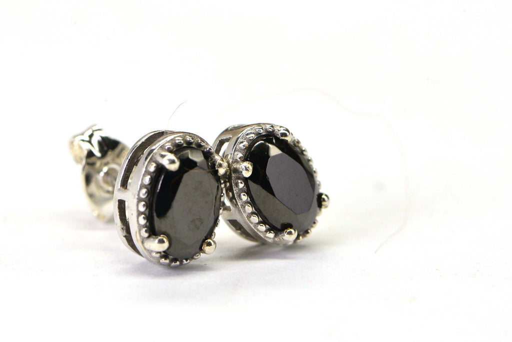 Oval Black Spinel  Stud Earrings Rhodium Over Sterling Silver Medium Size Post Earrings