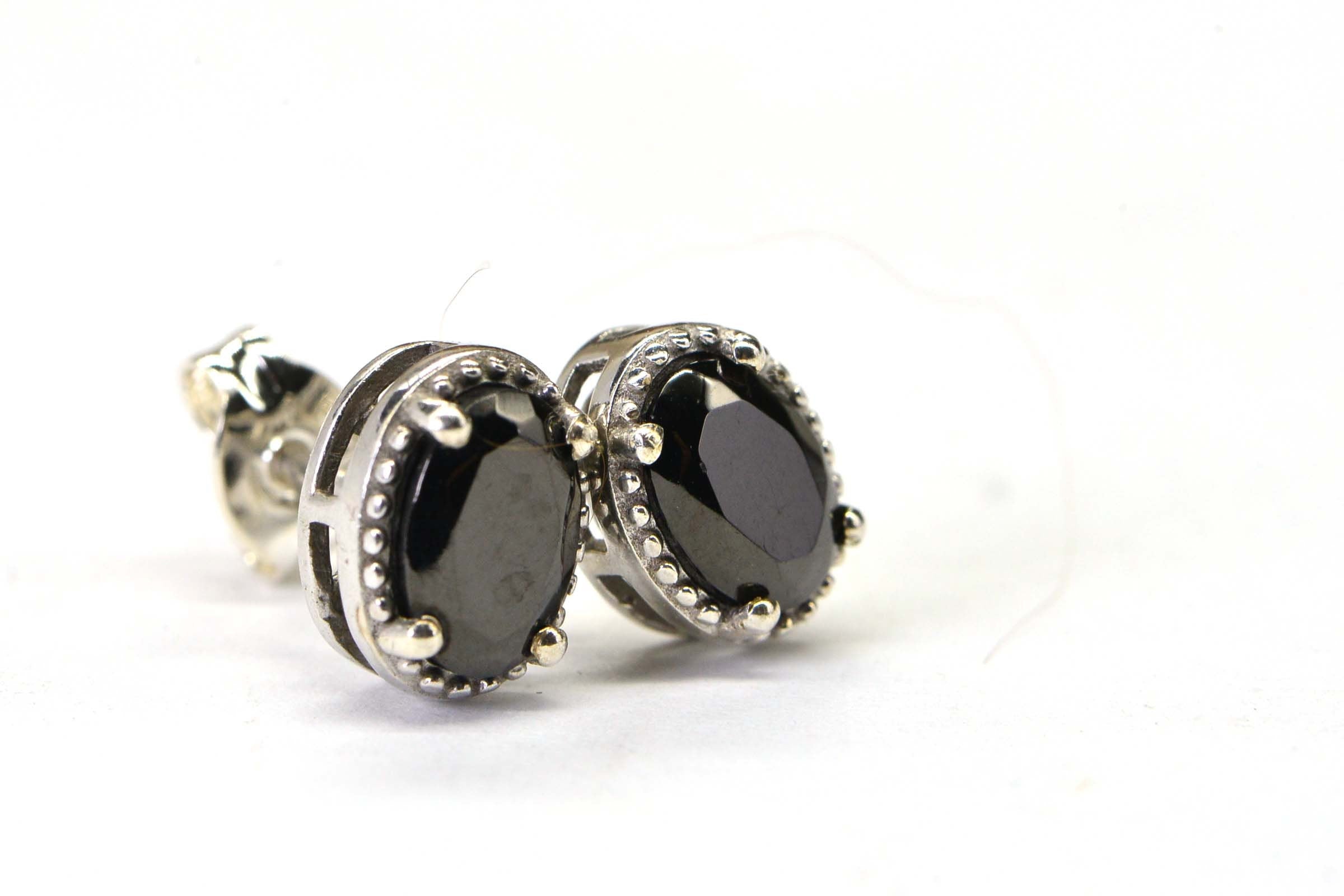 Oval Black Spinel  Stud Earrings Rhodium Over Sterling Silver Medium Size Post Earrings