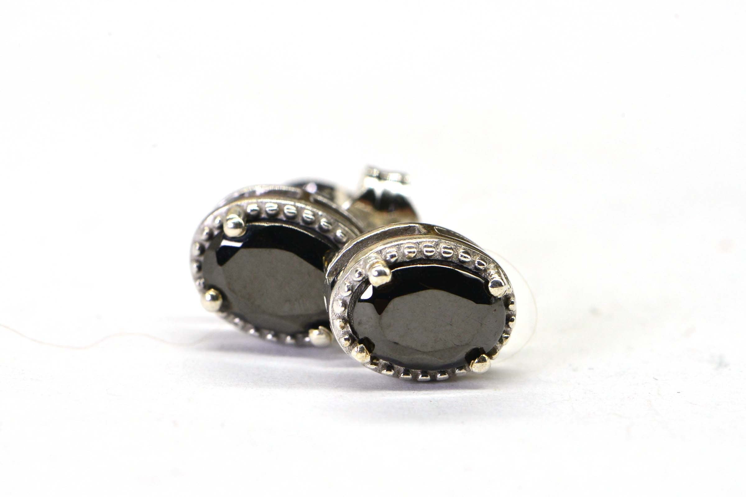 Oval Black Spinel  Stud Earrings Rhodium Over Sterling Silver Medium Size Post Earrings