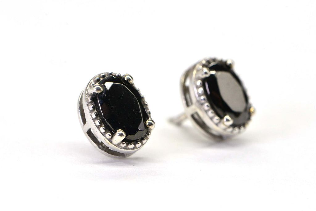 Oval Black Spinel  Stud Earrings Rhodium Over Sterling Silver Medium Size Post Earrings