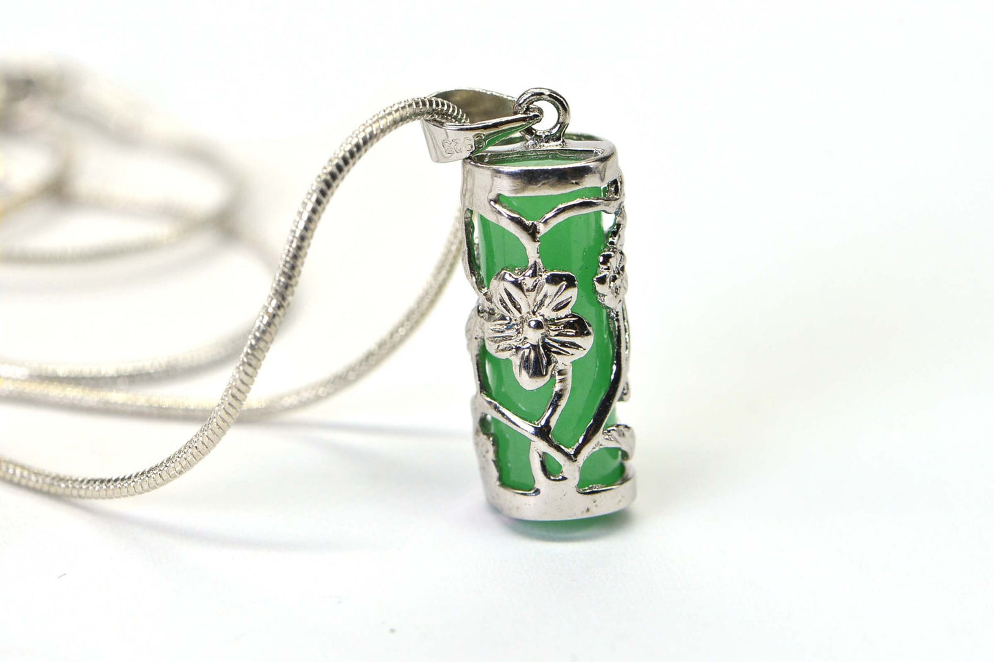 Apple Green Jade Pendant, Sterling Silver Flower Filigree, Birthstone Necklace