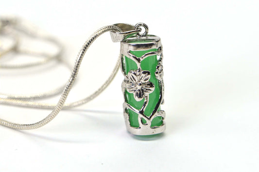 Apple Green Jade Pendant, Sterling Silver Flower Filigree, Birthstone Necklace