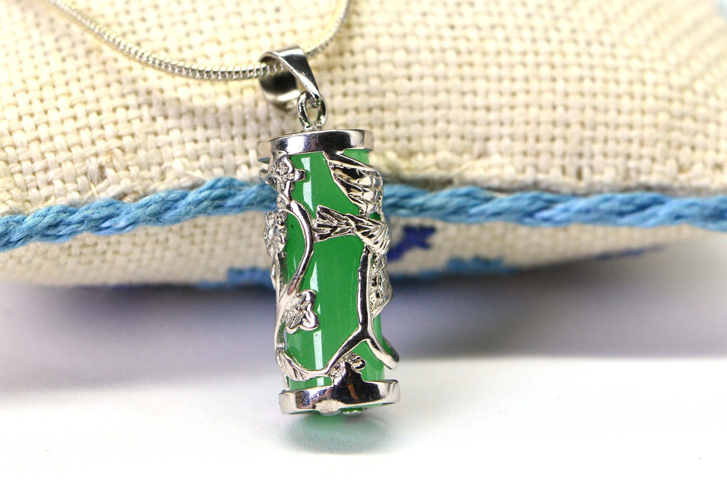 Apple Green Jade Pendant, Sterling Silver Flower Filigree, Birthstone Necklace