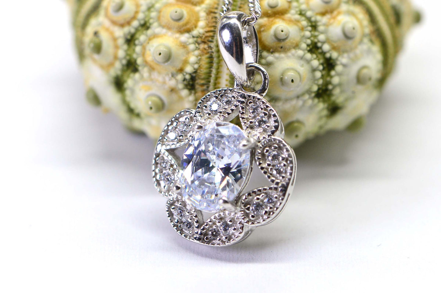 Cubic Zirconia Halo Pendant Necklace, Sterling Silver, Vintage Bridal Gift