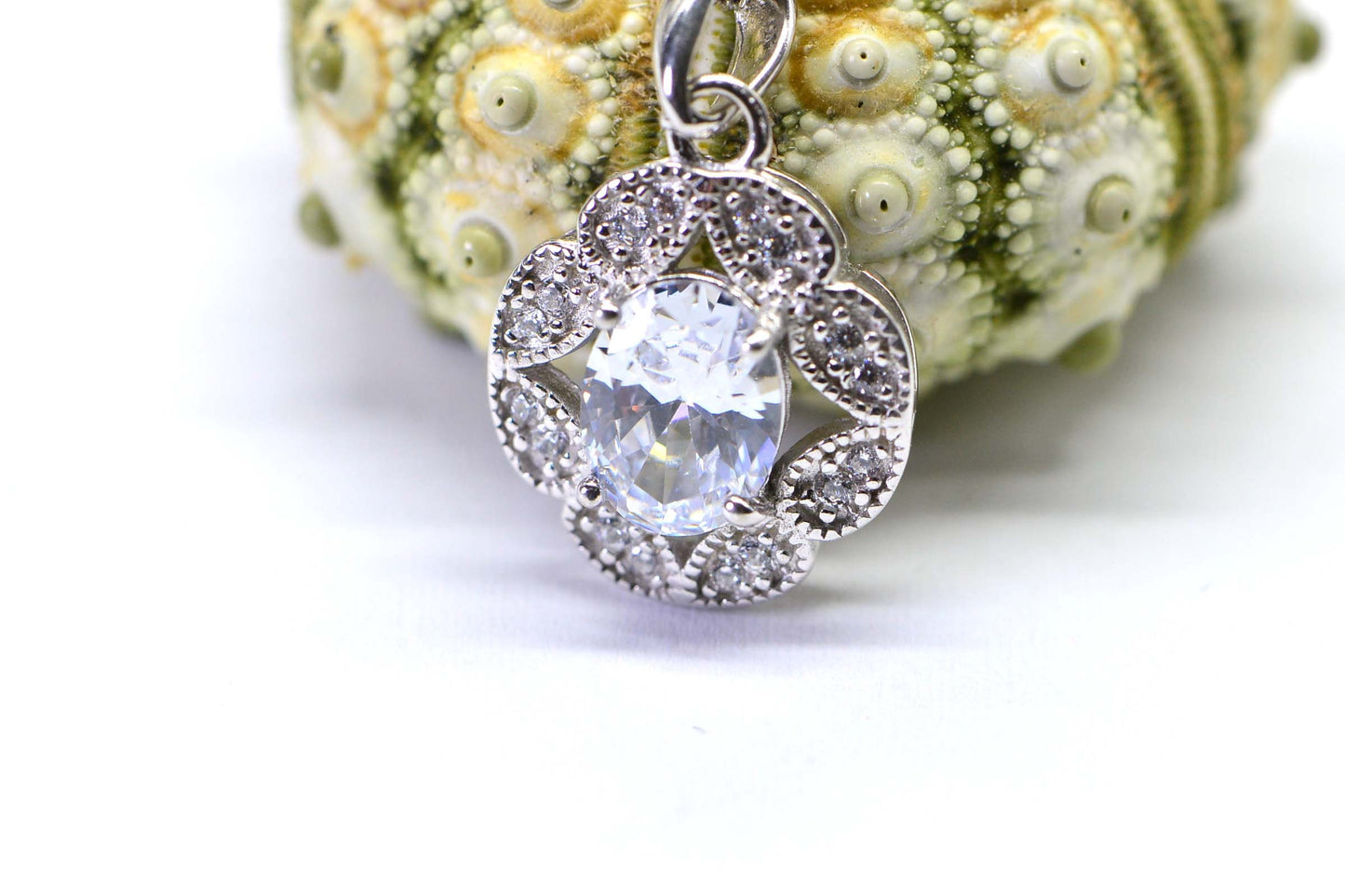 Cubic Zirconia Halo Pendant Necklace, Sterling Silver, Vintage Bridal Gift