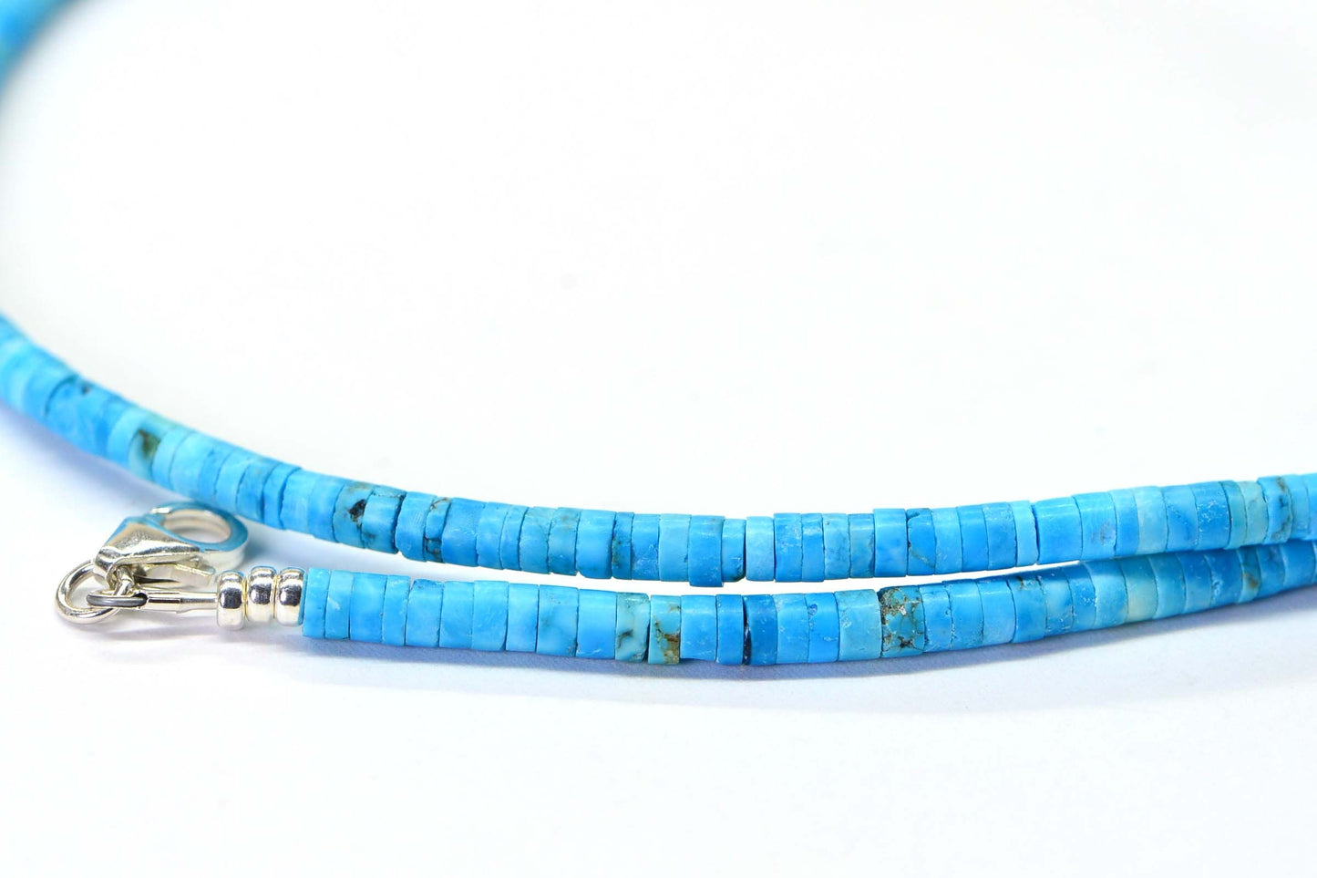 Sleeping Beauty Turquoise Heishi Necklace, Sterling Silver Clasp
