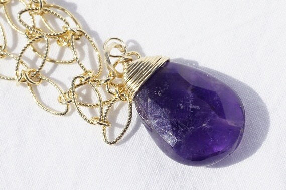 Natural Amethyst Faceted Briolette Wire Wrapped 14 K Golld Filled . Amethyst Pendant